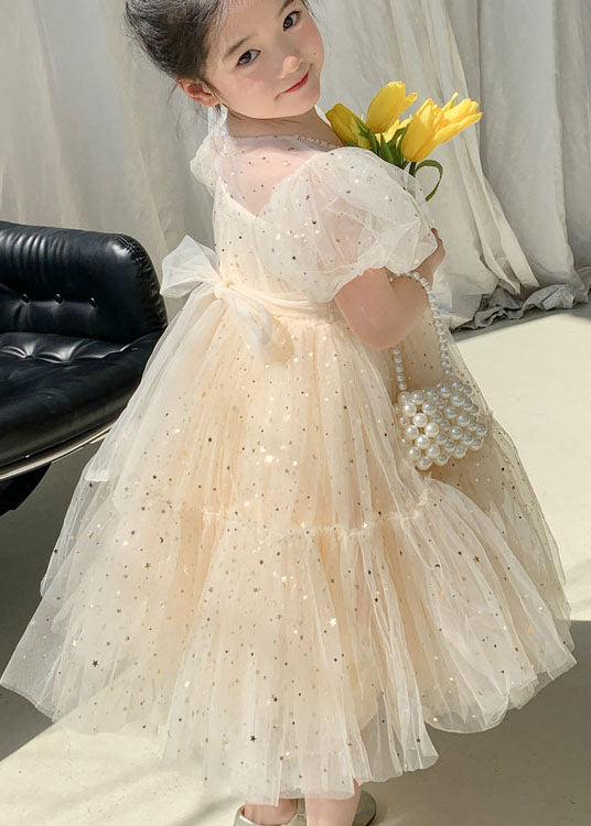 Apricot Wrinkled Sequins Patchwork Tulle Kids Dresses Summer