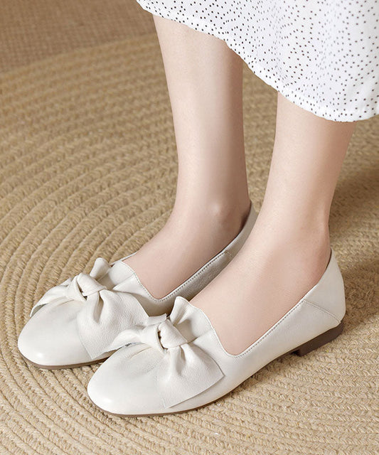 Beige Cowhide Leather Soft Flats Splicing Bow