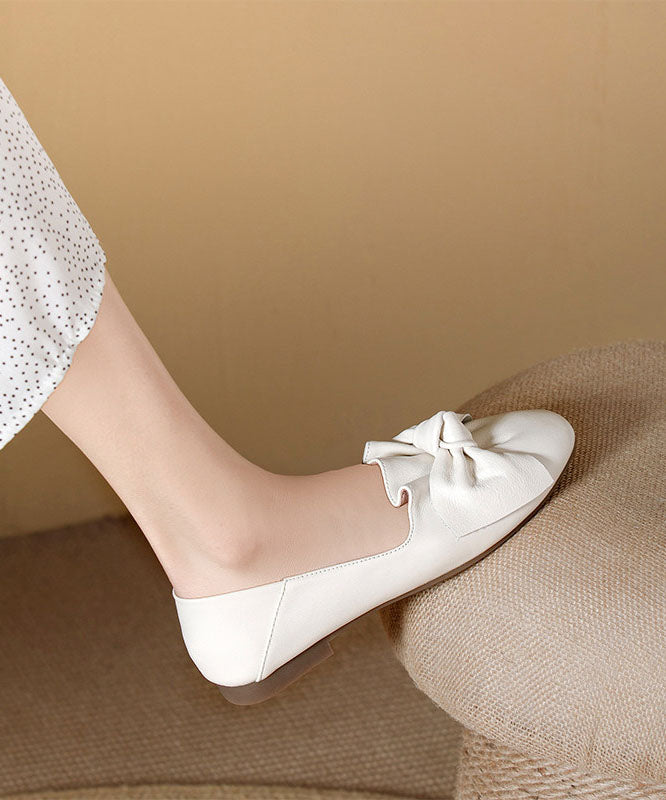 Beige Cowhide Leather Soft Flats Splicing Bow