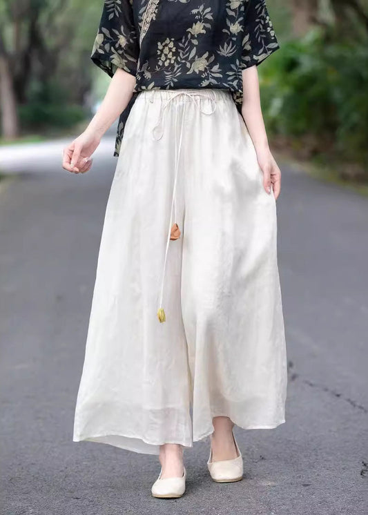 Beige High Waist Elastic Waist Linen Pants Summer
