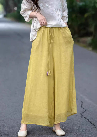 Beige High Waist Elastic Waist Linen Pants Summer