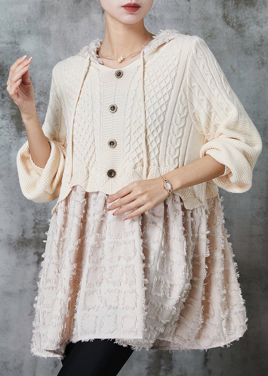 Beige Hooded Patchwork Knit Dress Spring
