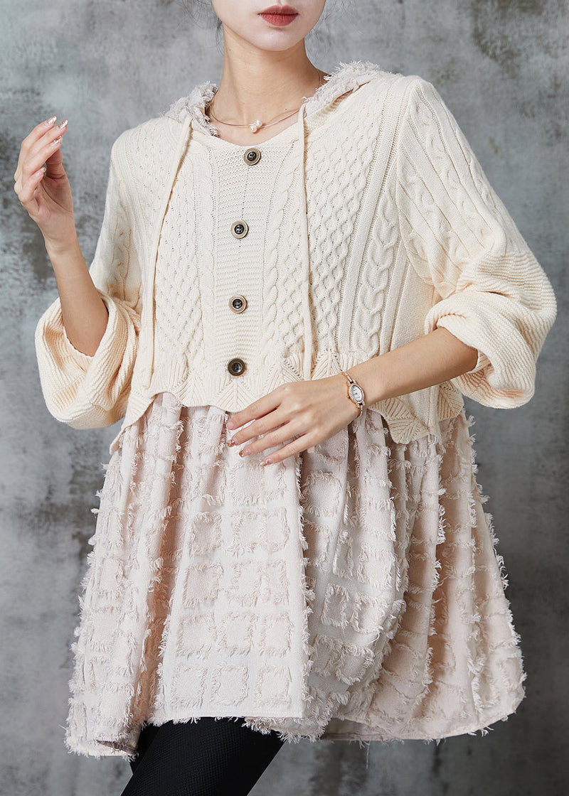 Beige Hooded Patchwork Knit Dress Spring