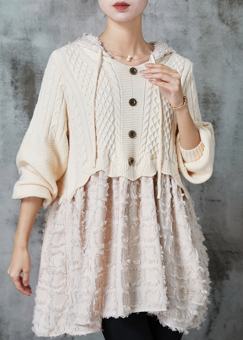 Beige Hooded Patchwork Knit Dress Spring