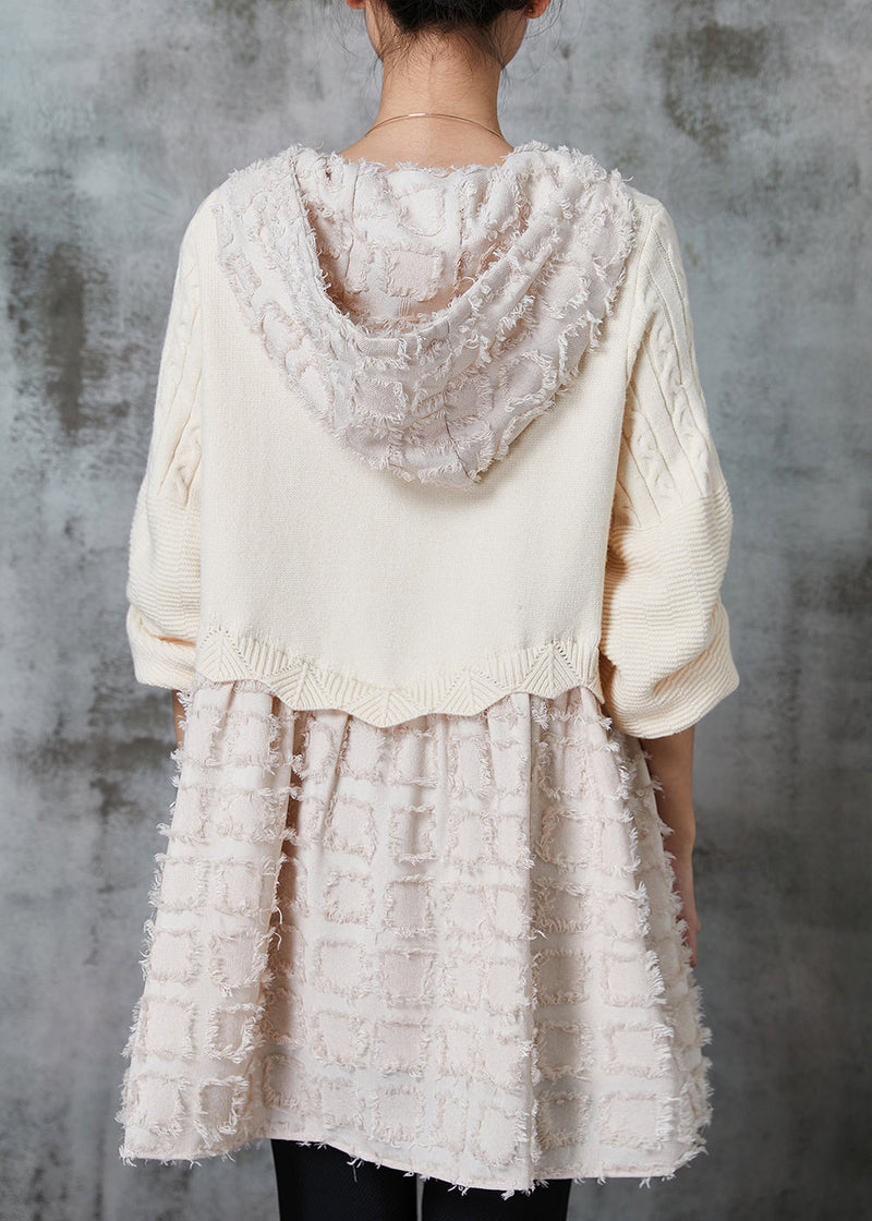 Beige Hooded Patchwork Knit Dress Spring