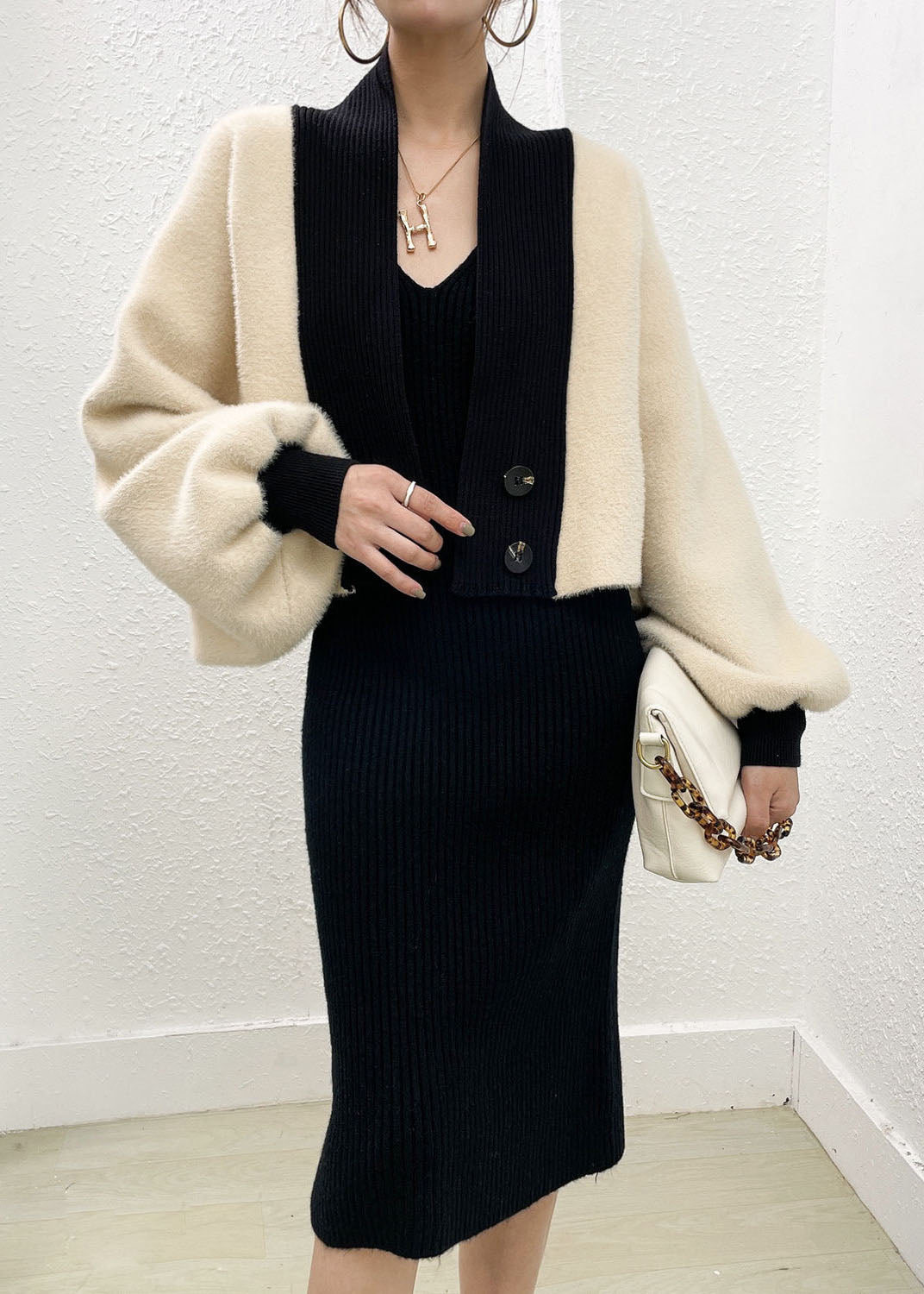 Beige Mink Hair Knitted Coats and Knitted Long Dress Two Pieces Set Winter