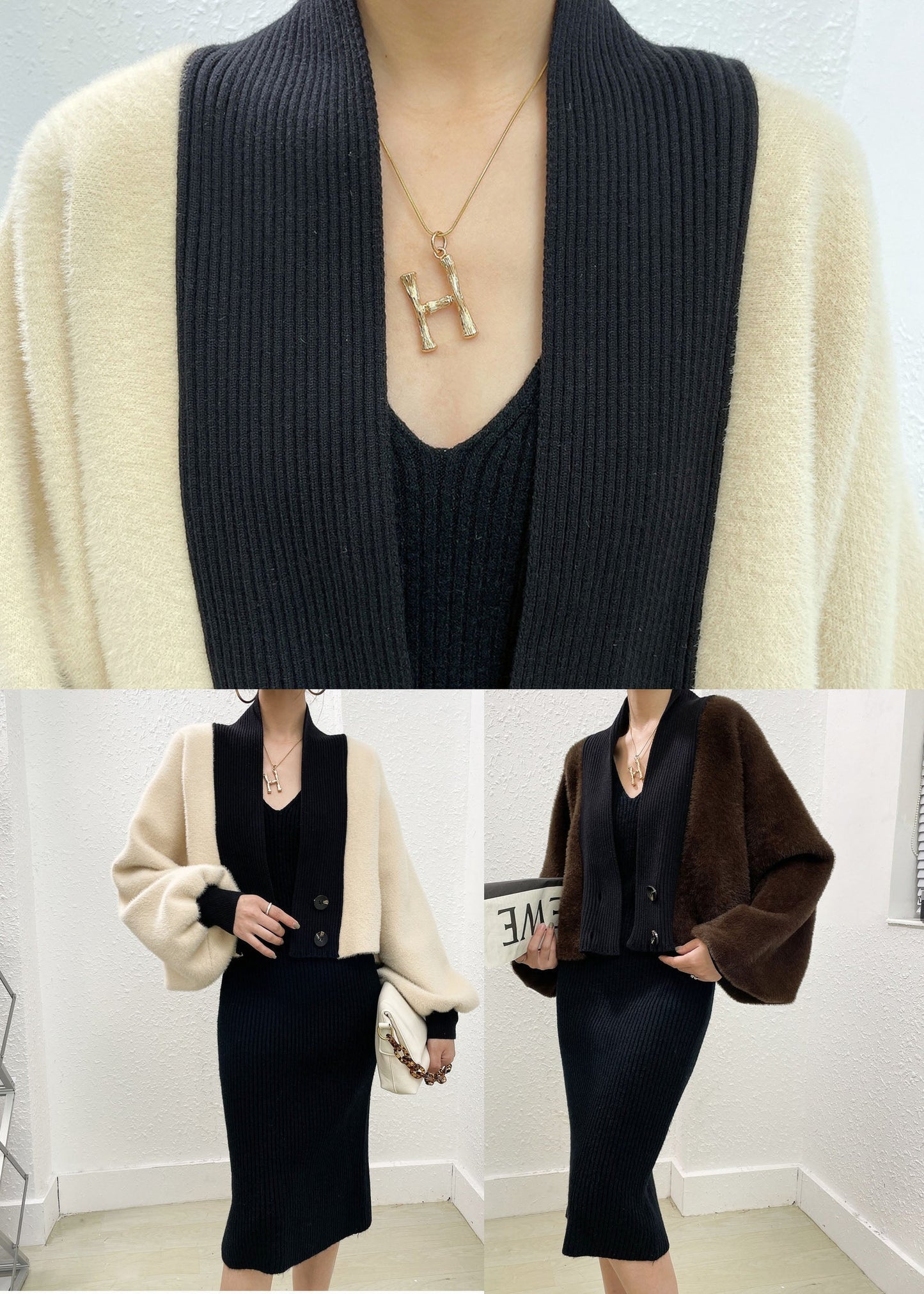 Beige Mink Hair Knitted Coats and Knitted Long Dress Two Pieces Set Winter