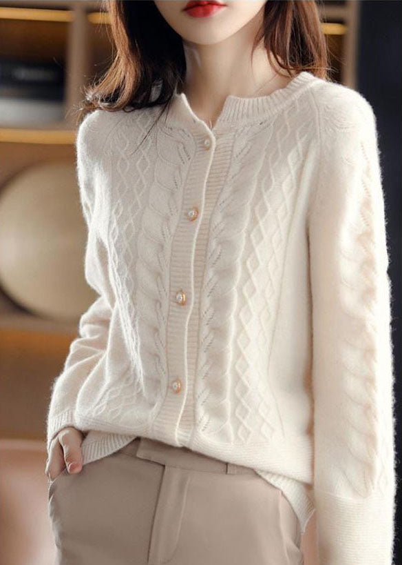 Beige O-neck Pearl Button Wool Knit Cardigan Winter