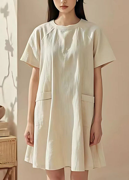 Beige O Neck Pockets Cotton Mid Dresses Summer