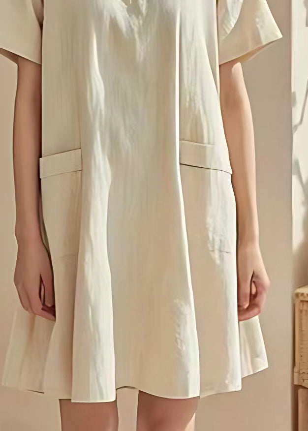 Beige O Neck Pockets Cotton Mid Dresses Summer