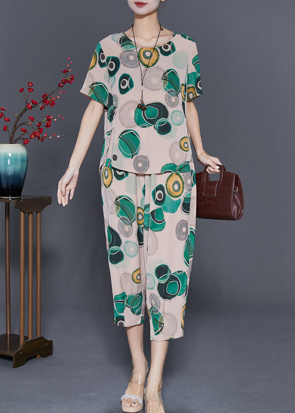 Beige O-neck Side Open Linen Two-piece Set Summer