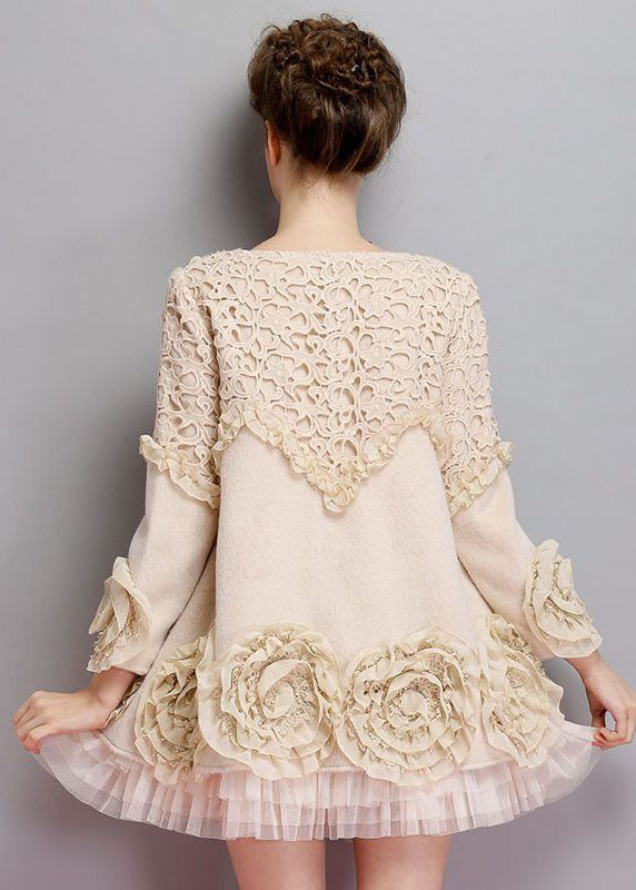Beige O-neck Tulle Patchwork Applique Mink Velvet Coats Spring