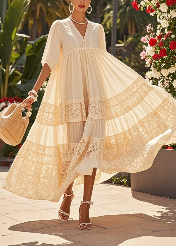 Beige Oversized Patchwork Lace Holiday Dresses Summer