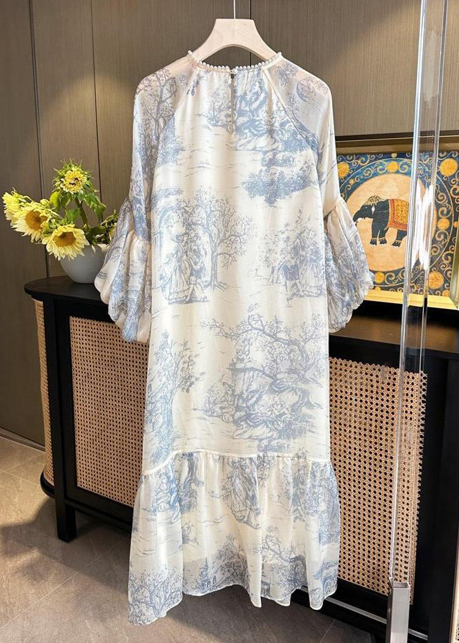 Beige Pearl Print Patchwork Dress Puff Sleeve