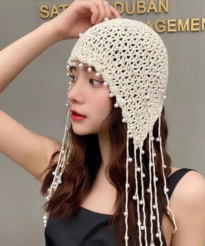 Beige Pearl Tassel Hollow Out Knit Bonnie Hat