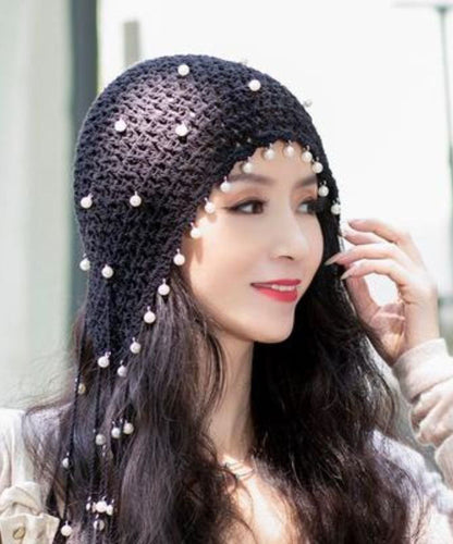 Beige Pearl Tassel Hollow Out Knit Bonnie Hat