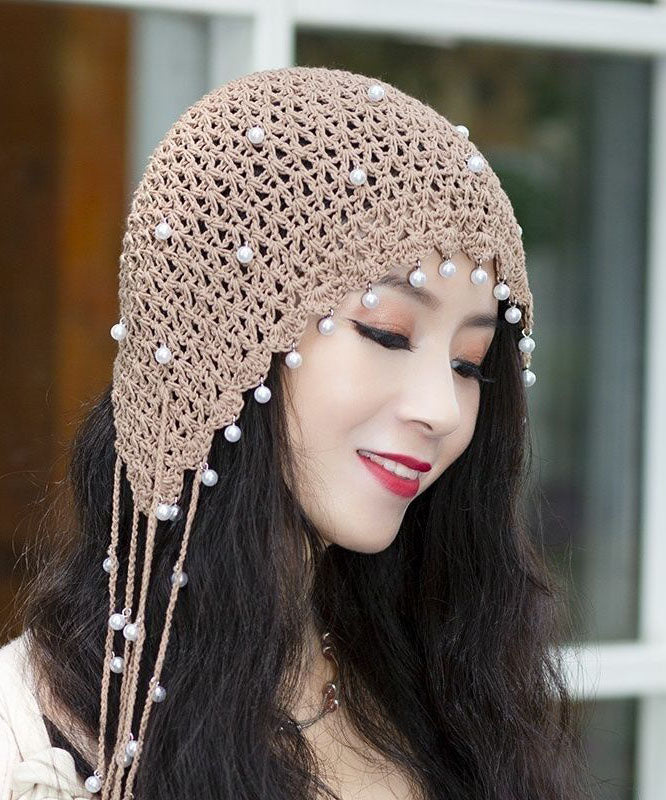 Beige Pearl Tassel Hollow Out Knit Bonnie Hat
