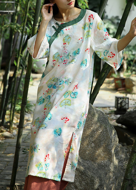 Beige Print Side Open Patchwork Cotton Dresses Bracelet Sleeve
