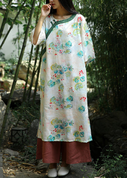 Beige Print Side Open Patchwork Cotton Dresses Bracelet Sleeve