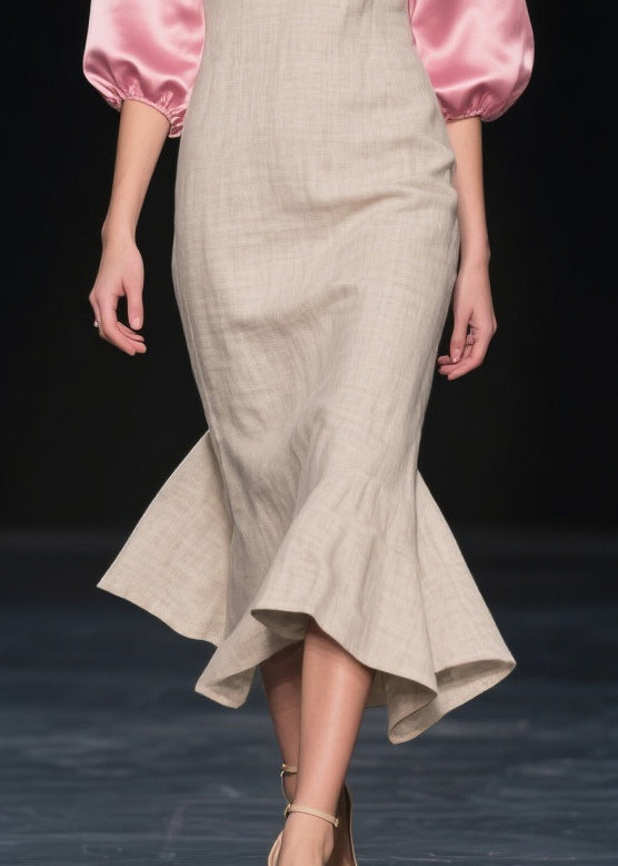 Beige Puff Sleeve Patchwork Linen Silk Maxi Dress Summer