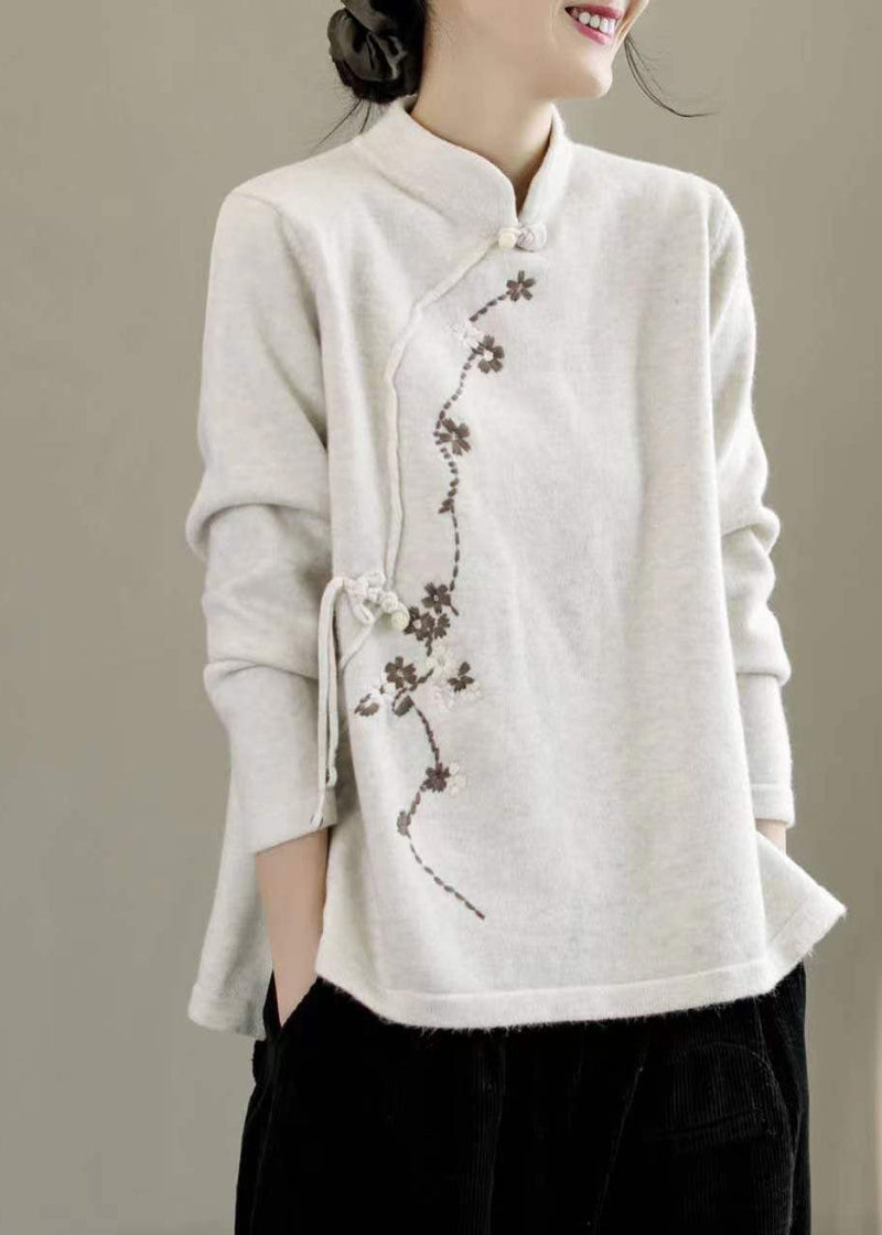 Beige Stand Collar Embroideried Chinese Style Knit Tops Spring