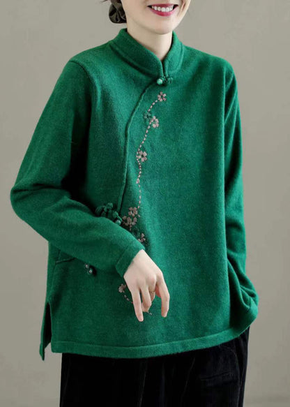 Beige Stand Collar Embroideried Chinese Style Knit Tops Spring