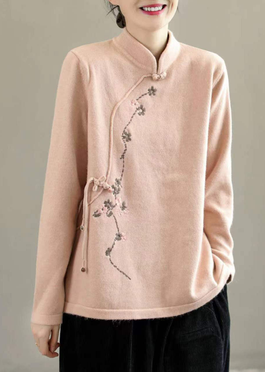 Beige Stand Collar Embroideried Chinese Style Knit Tops Spring