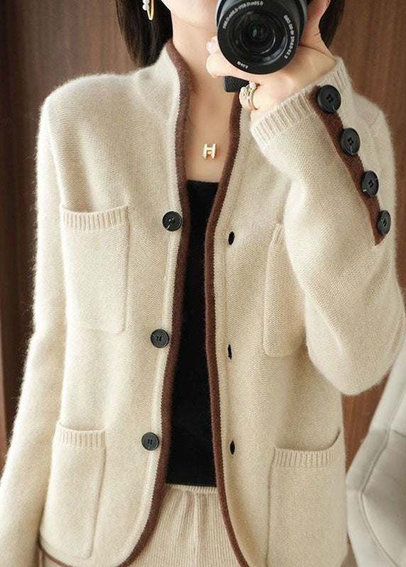 Beige Stand Collar Pockets Thick Knit Loose Cardigan Winter