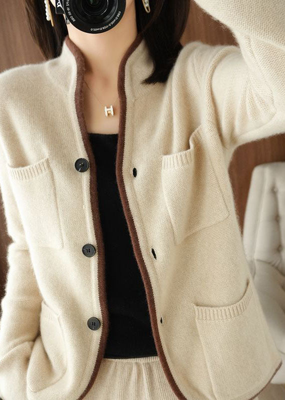 Beige Stand Collar Pockets Thick Knit Loose Cardigan Winter