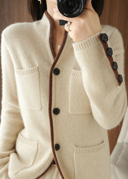 Beige Stand Collar Pockets Thick Knit Loose Cardigan Winter