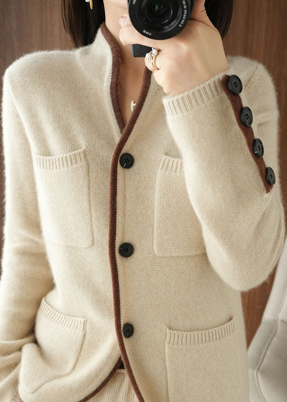 Beige Stand Collar Pockets Thick Knit Loose Cardigan Winter