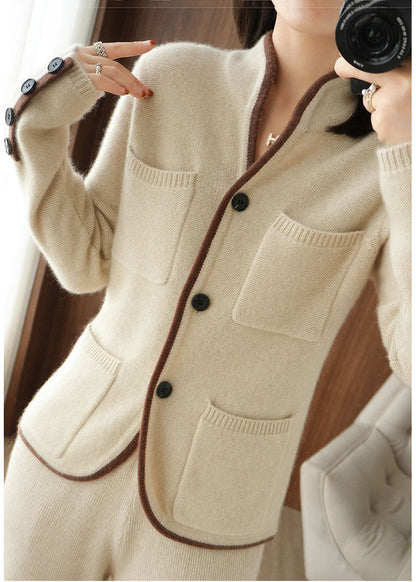 Beige Stand Collar Pockets Thick Knit Loose Cardigan Winter