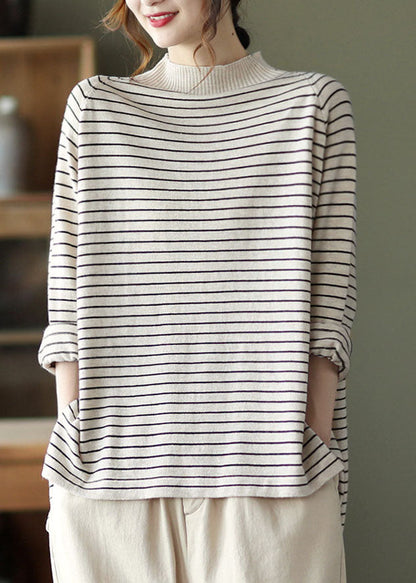 Beige Striped Loose Knit Shirt Spring