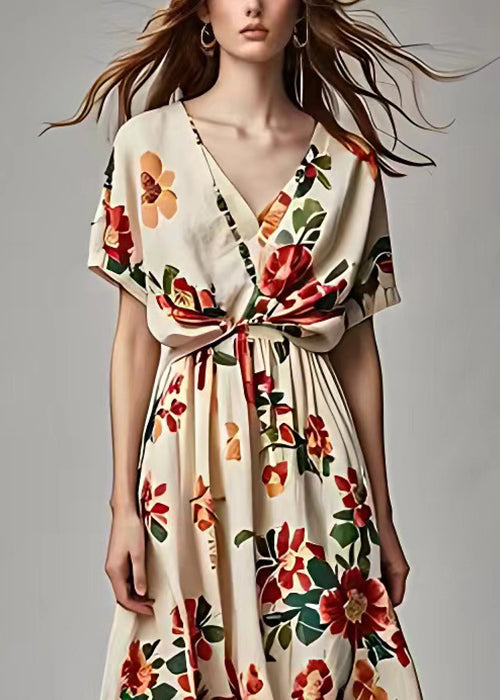 Beige V Neck Print Cotton Long Dress Summer