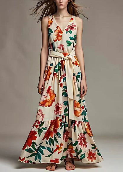 Beige V Neck Print Tie Waist Cotton Long Dresses Sleeveless