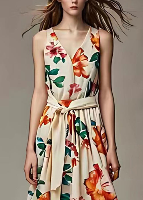 Beige V Neck Print Tie Waist Cotton Long Dresses Sleeveless
