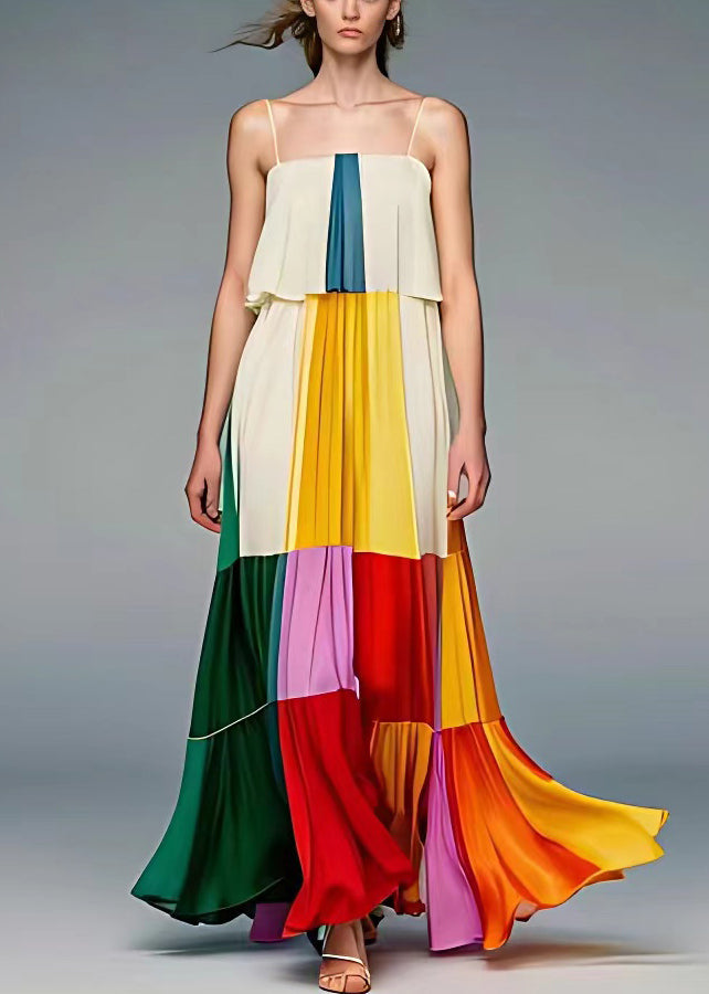 Beige Wrinkled Patchwork Silk Spaghetti Strap Dress Sleeveless