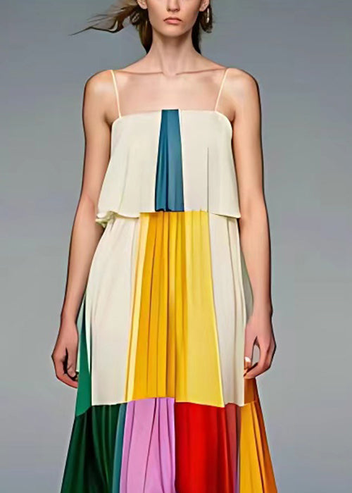 Beige Wrinkled Patchwork Silk Spaghetti Strap Dress Sleeveless