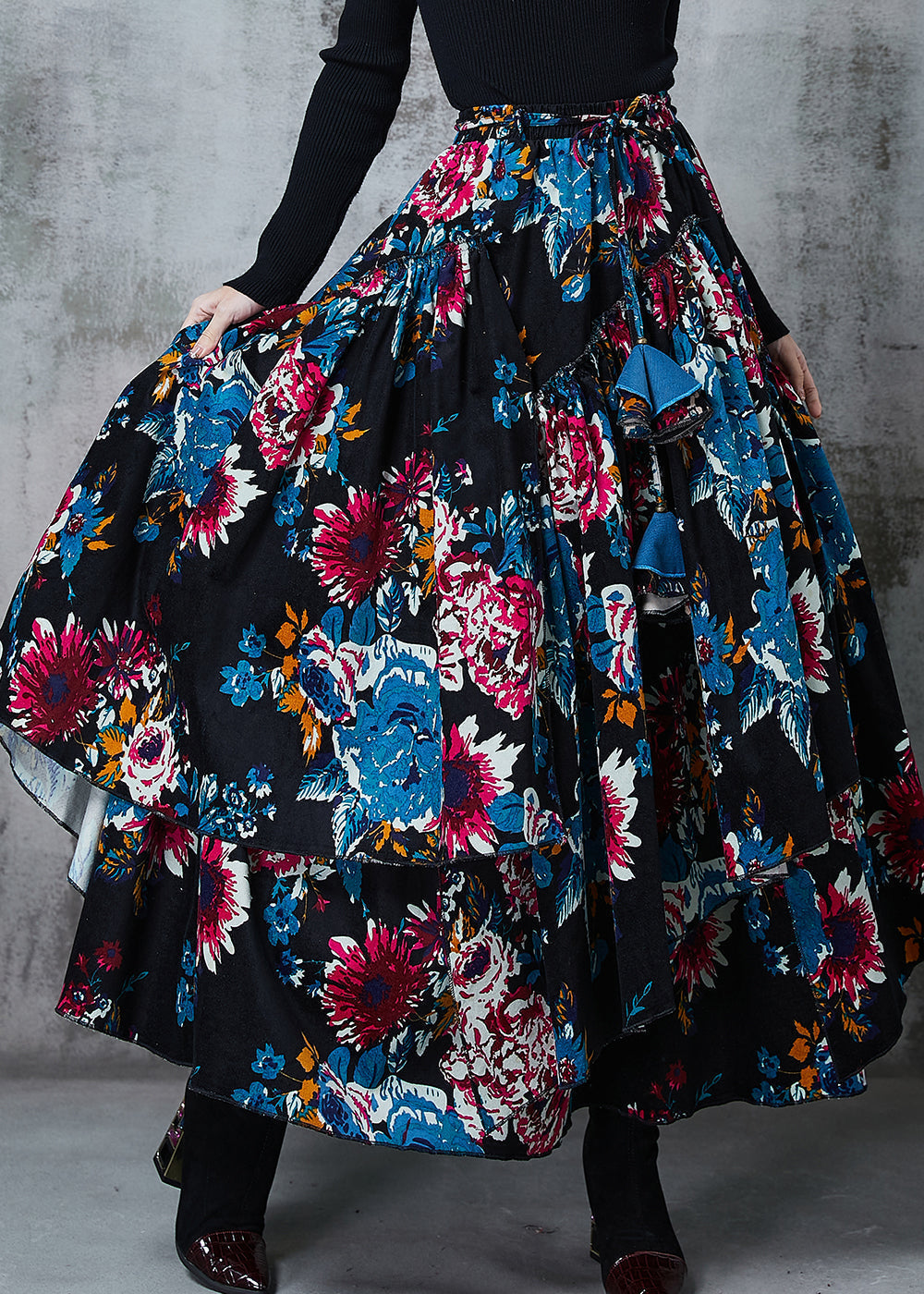 Black Asymmetrical Print Cotton Skirts Spring