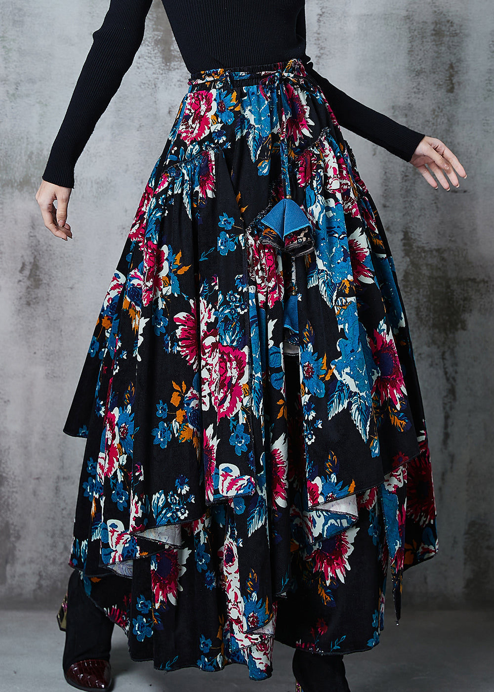Black Asymmetrical Print Cotton Skirts Spring