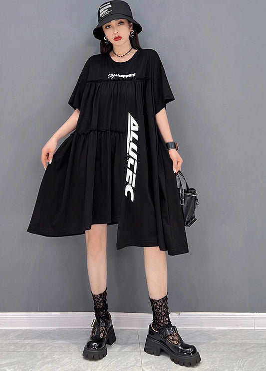 Black Asymmetrical Wrinkled Letter Print Cotton Dresses Short Sleeve