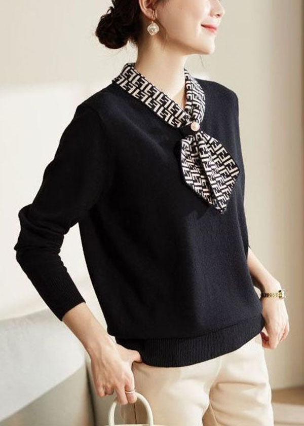 Black Bow Collar Print Knit Blouses Long Sleeve