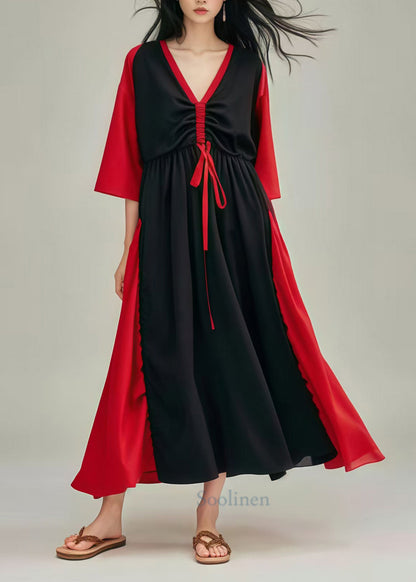 Black Cinched Patchwork Cotton Long Dress Summer
