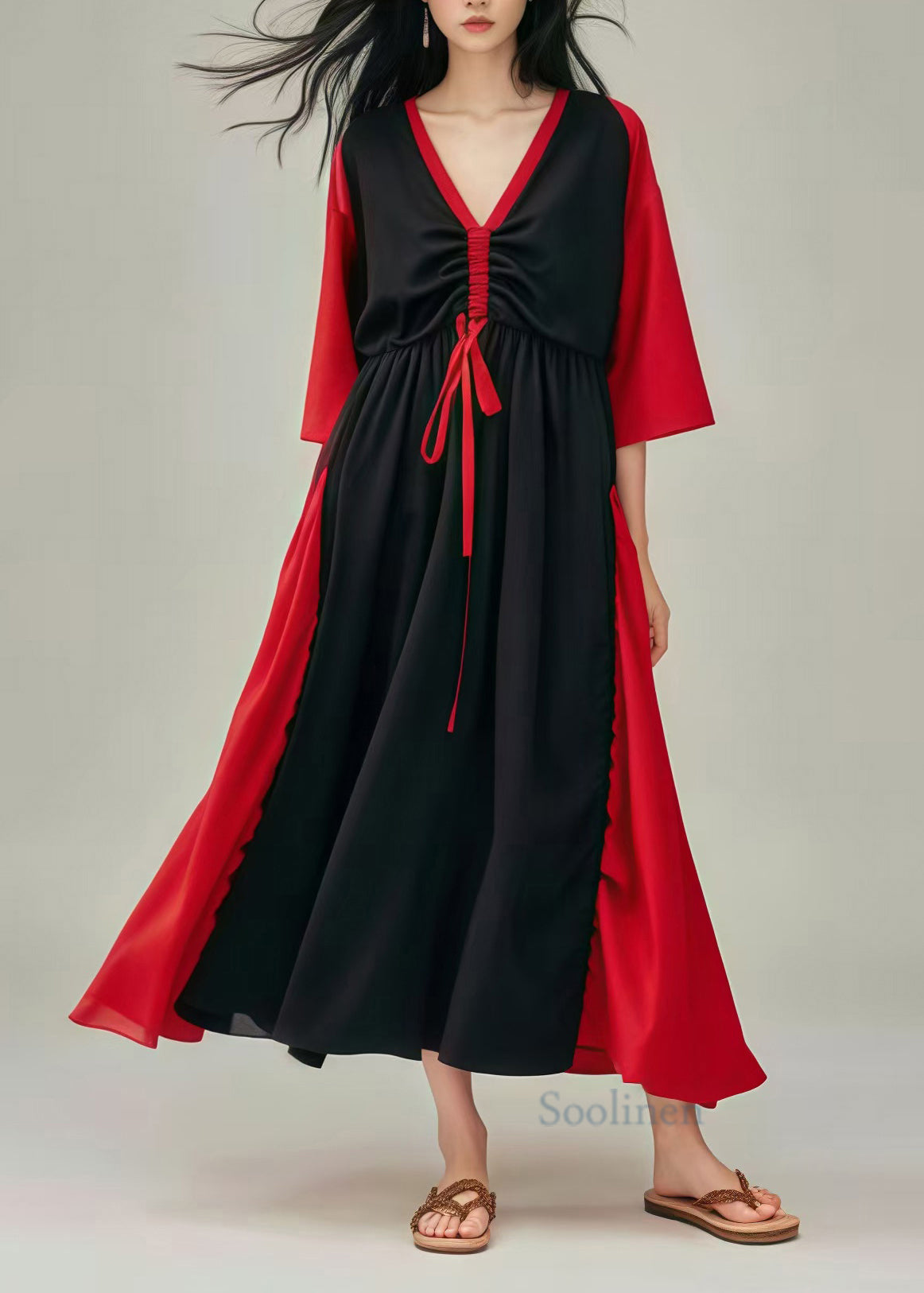 Black Cinched Patchwork Cotton Long Dress Summer