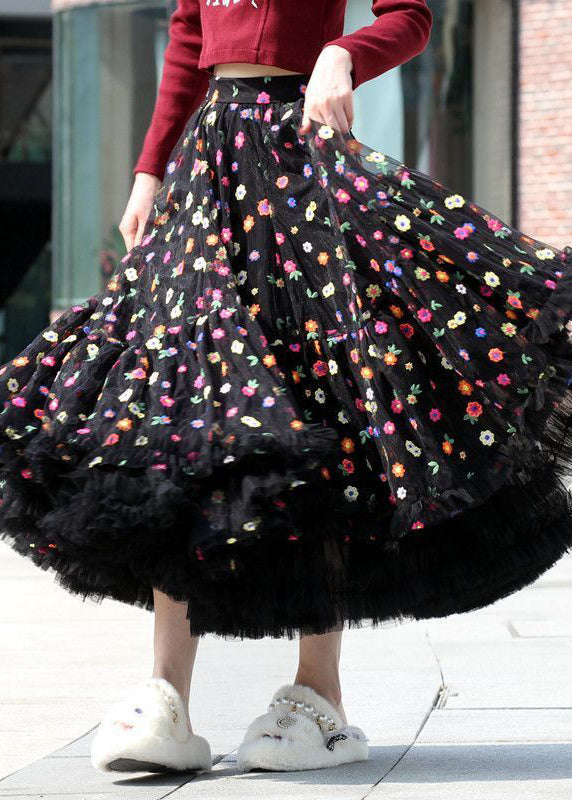 Black Embroidered Exra Large Hem Tulle Skirt Spring
