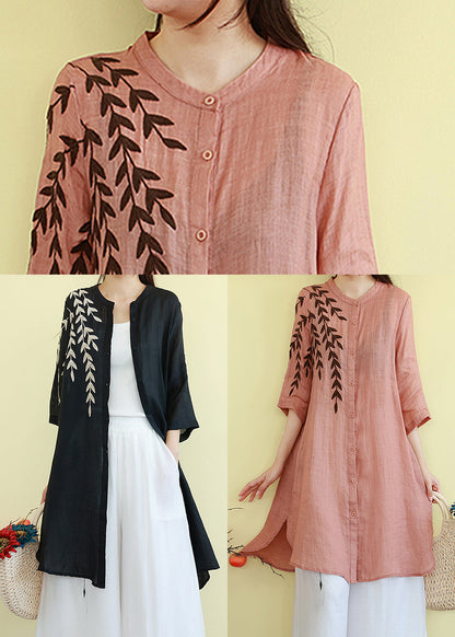 Black Embroidered Linen Shirt Dresses Summer