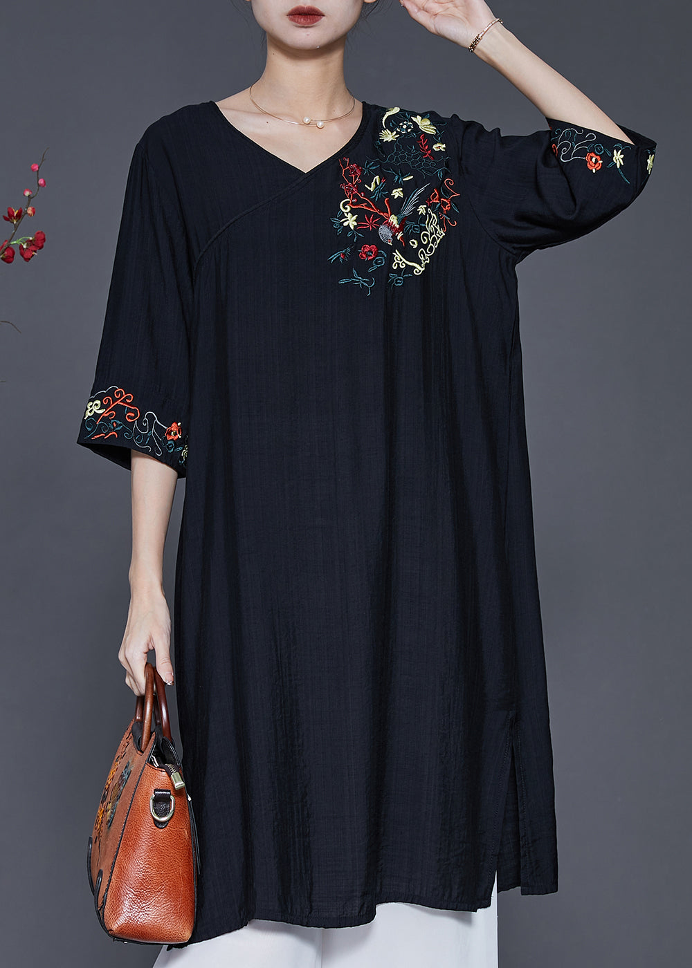 Black Embroidered Oversized Linen Dress Summer