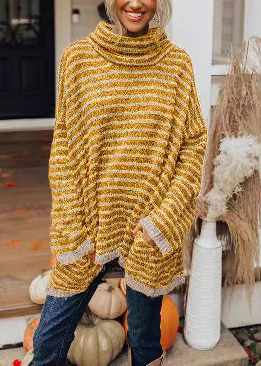 Black Hign Neck Thick Striped Knitted Sweaters Tops Fall