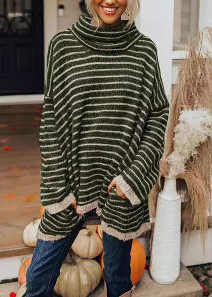 Black Hign Neck Thick Striped Knitted Sweaters Tops Fall