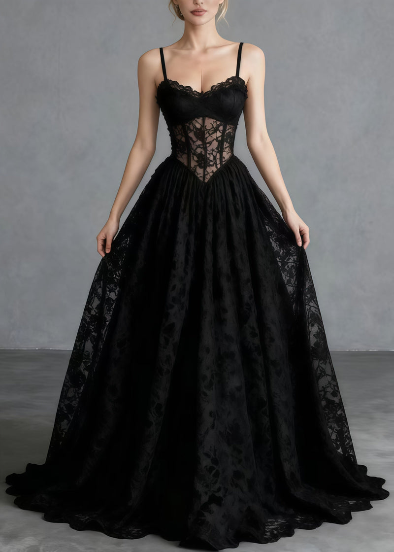 Black Hollow Out Exra Large Hem Lace Cami Dresses Summer